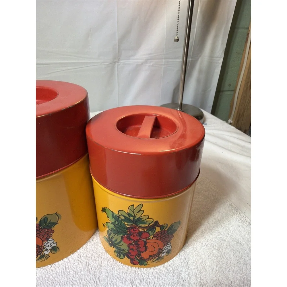 Vintage/Retro Metal Canister Set 4pc Yellow/Red Floral w/ Lids 16 oz